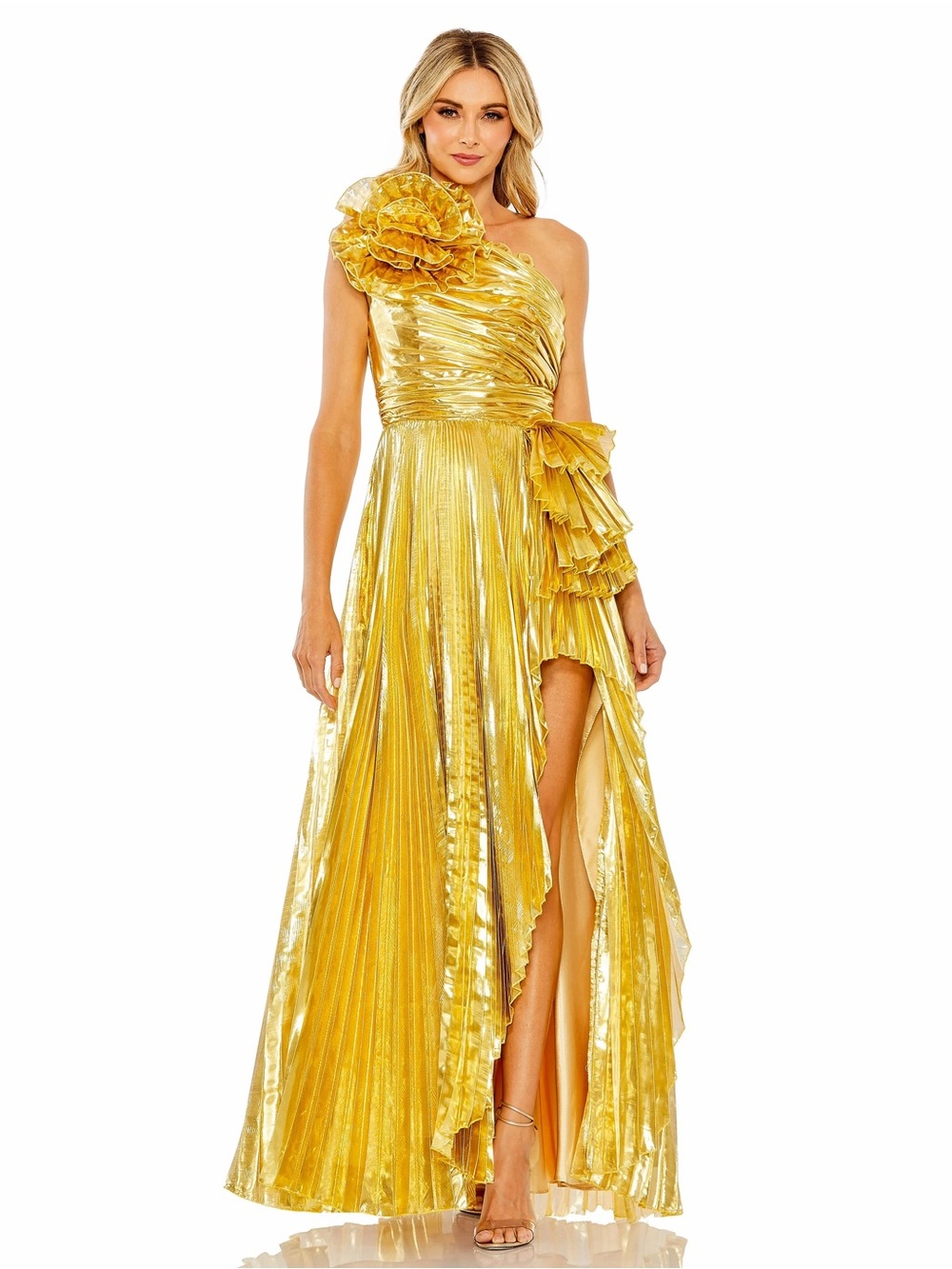 MAC DUGGAL Gold One Shoulder Pleated Ruffle Gown with Slit
